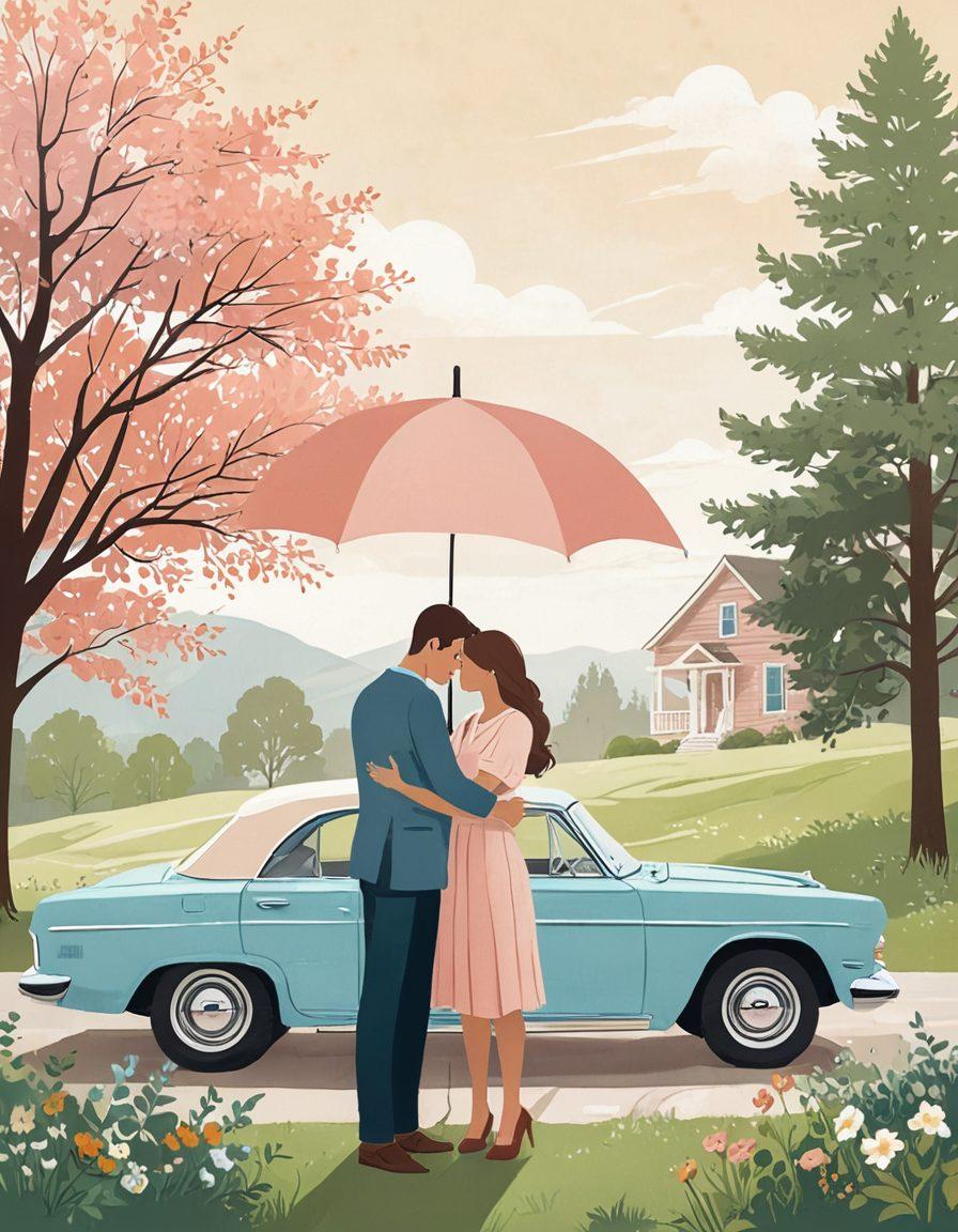 An illustration depicting a loving couple standing together under a large umbrella labeled 'Insurance', with various symbols of security (like a heart shield, a house, and a car) around them. The couple is depicted in a warm embrace, surrounded by a serene landscape that conveys safety and stability. Soft colors and gentle lighting enhance the emotional tone of the piece. vector art. warm colors. soft background.