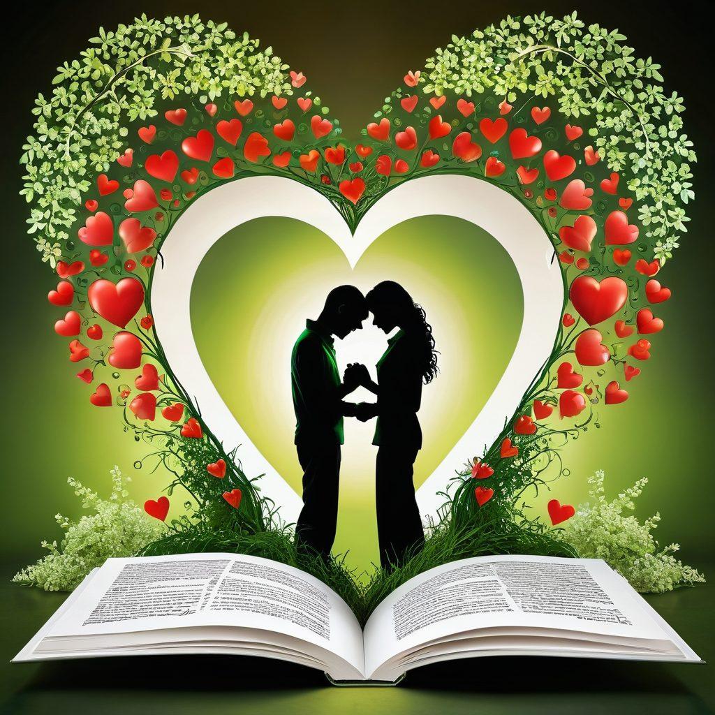 A couple joyfully embracing in a heart-shaped insurance policy document, surrounded by symbols of love like hearts and wedding rings, with a backdrop of lush green nature symbolizing growth and protection. The scene should radiate warmth and security, highlighting the concept of love insurance. super-realistic. vibrant colors. soft lighting.