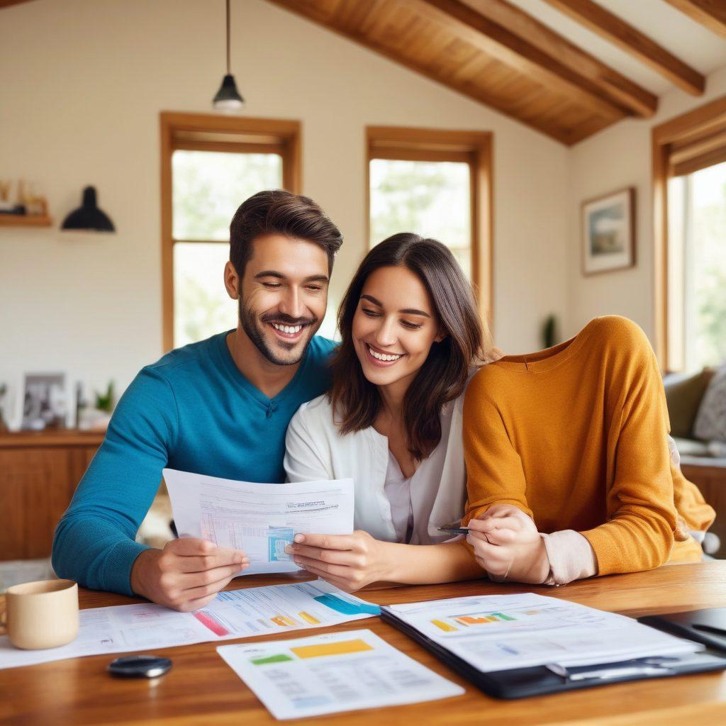 A visually striking illustration of a happy couple reviewing their insurance documents together in a cozy home setting, surrounded by icons representing various insurance benefits like home, health, and travel. Soft, warm lighting enhances the inviting atmosphere, while a subtle infographic in the background highlights key coverage options. The mood is optimistic and trustworthy. vibrant colors. modern illustration.